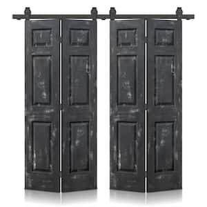 48 in. x 84 in. Hollow Core Vintage Black Stain 6 Panel MDF Double Bi-Fold Barn Door with Sliding Hardware Kit