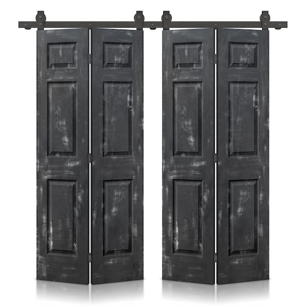 CALHOME 72 in. x 84 in. Hollow Core Vintage Black Stain 6 Panel MDF Double Bi-Fold Barn Door with Sliding Hardware Kit
