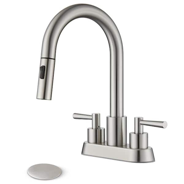 4 in. Centerset Double Handle High Arc Bathroom Sink Faucet with Pull Out Sprayer and Pop Up Drain in Brushed Nickel