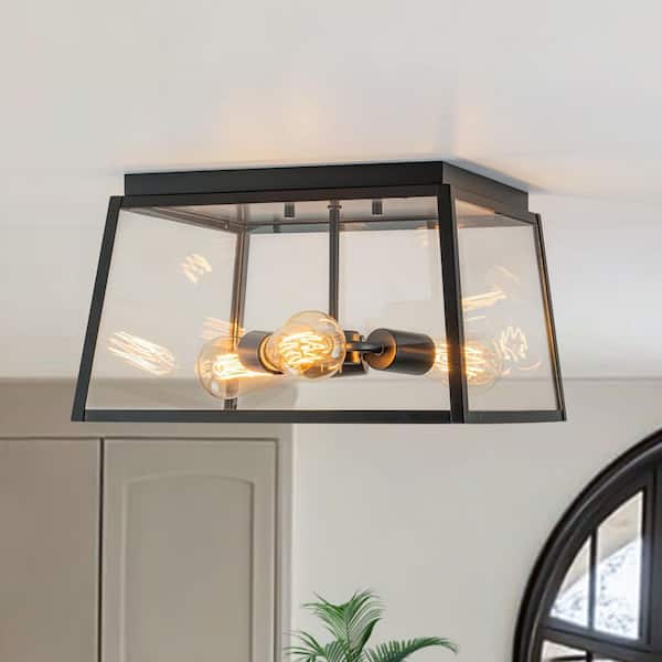 HUOKU Brisa 3-Light 14.6 in. W Matte Black Flush Mount Geometric Square Ceiling Light with Clear Glass Panel for Kitchen