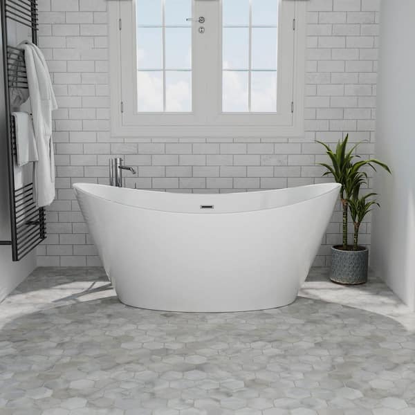 Empava 59 in. Acrylic Flatbottom Hourglass Freestanding Soaking Bathtub in White with Brushed Nickel Overflow and Drain