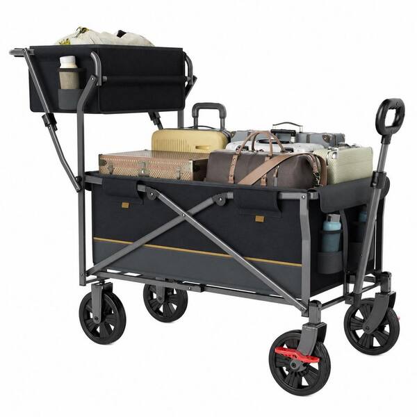 4 cu. ft. Collapsible Steel Bin Garden Cart with Push & Pull Handle, Basket, Cup Holders, Side Pockets, Wheels