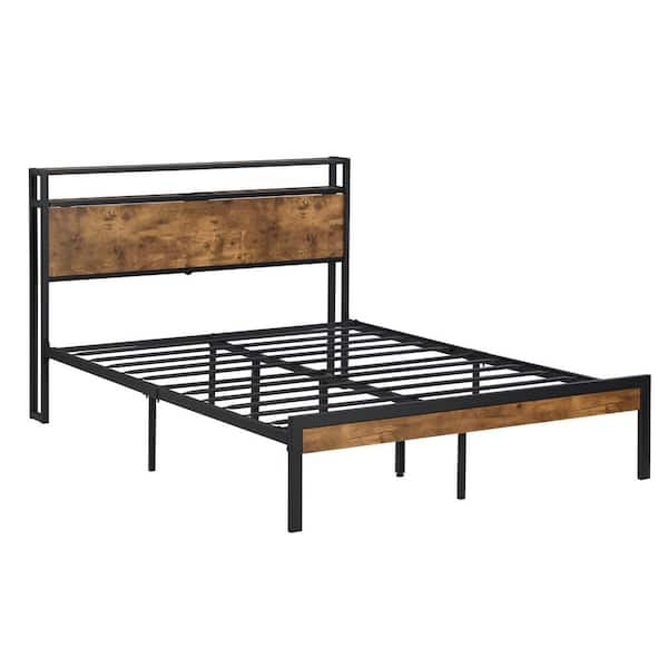 ANBAZAR Black Metal Frame Queen Size Platform Bed with Wood Headboard and Footboard with USB LINER