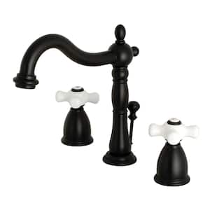 Victorian Cross 8 in. Widespread 2-Handle Bathroom Faucet in Matte Black with Porcelain Handle
