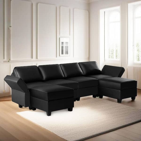 112.6 in. W Black Faux Leather 4-Seater Sofa with Double Ottoman with Storage, Sectional Sofa 1 Piece Living Room Suite