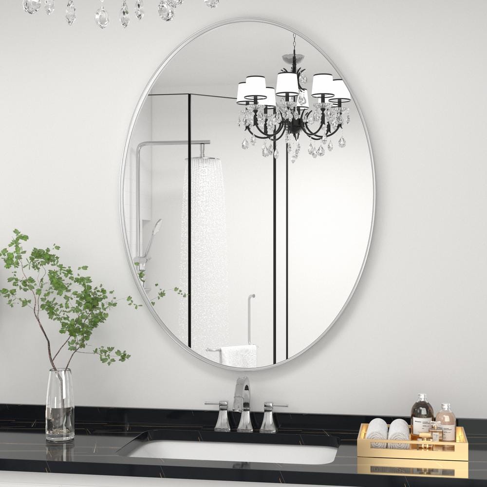 CLAVIE 24 in. W x 36 in. H Large Oval Wall Mirror Stainless Steel Framed Wall Mirrors Bathroom ...