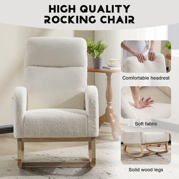 24.8 in. W White Teddy Fabric Rocking Chair with Solid Wood Legs, High Back, Side Pocket for Nursery and Living Room