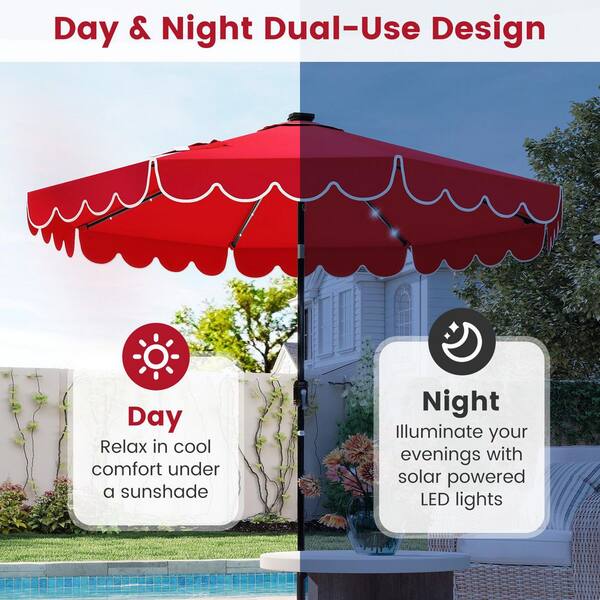 9 ft. Steel Market Solar Patio Umbrella with 24 LED Lights and Crank Tilt Adjustment in Red