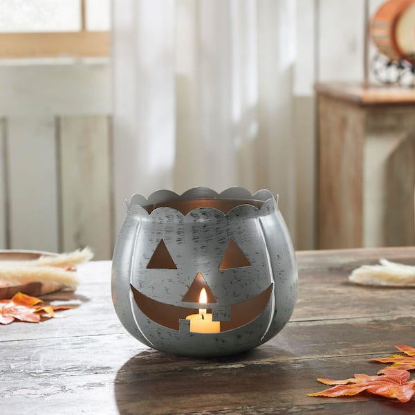 VHC BRANDS 6.25 in. Antique Grey Jack-O-Lantern Halloween Candle