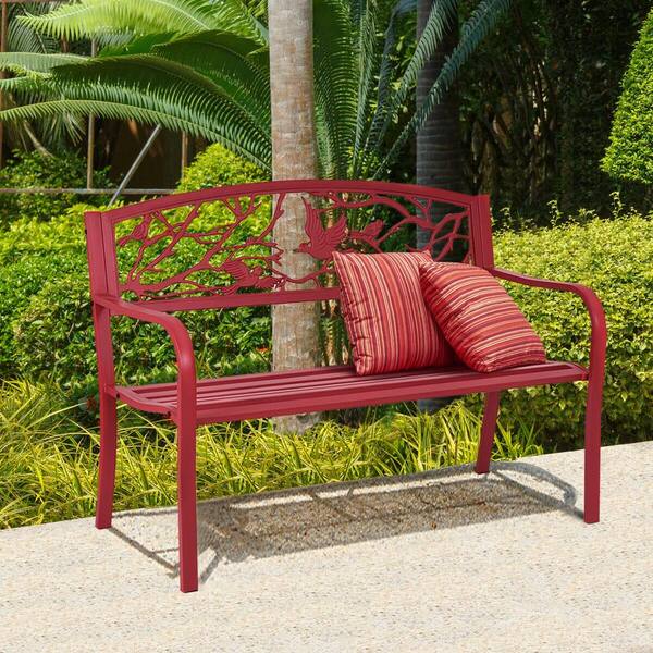 red metal outdoor benches