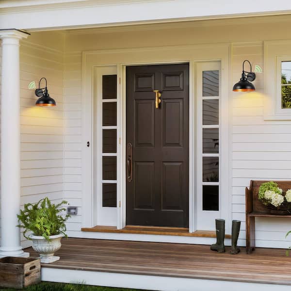 15.7 in. Black and Gold Dusk to Dawn Farmhouse Outdoor Hardwired Wall Barn Light Sconce with No Bulbs Included (2-Pack)