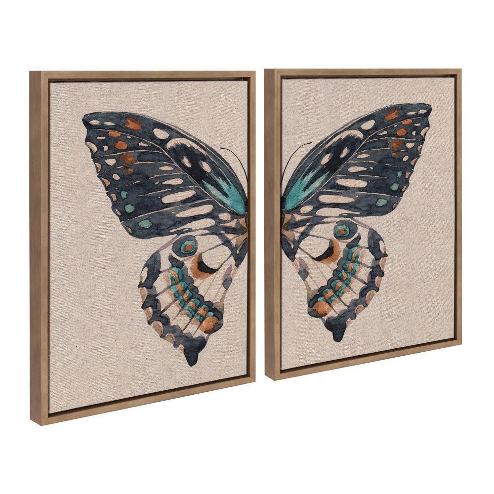 Boho Butterfly Watercolor Canvas Art Set with Gold Frame, 18x24