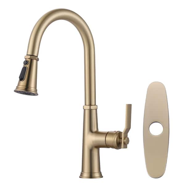 Single Handle Stainless Steel High Arc Pull Down Sprayer Kitchen Faucet with 3-Modes Swivel Spout in Bruhsed Gold
