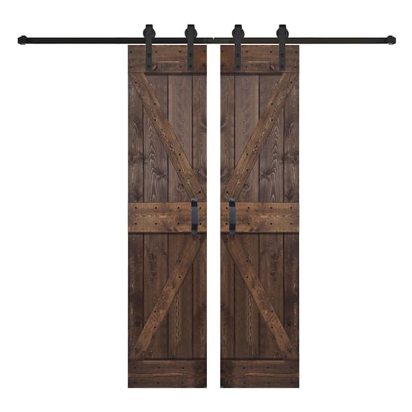 ISLIFE K Series 48 in. x 84 in. Coffee Finished DIY Solid Wood Double Sliding Barn Door with Hardware Kit