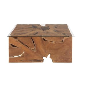 40 in. Brown Medium Rectangle Teak Wood Handmade Live Edge Tree Stump Coffee Table with Clear Glass Top