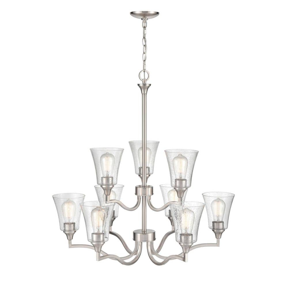 Brushed Nickel 9-Light Contemporary Chandelier with Glass Shades