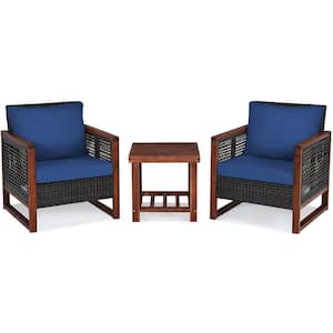 3-Pieces Wood Patio Conversation Set with Navy Cushions
