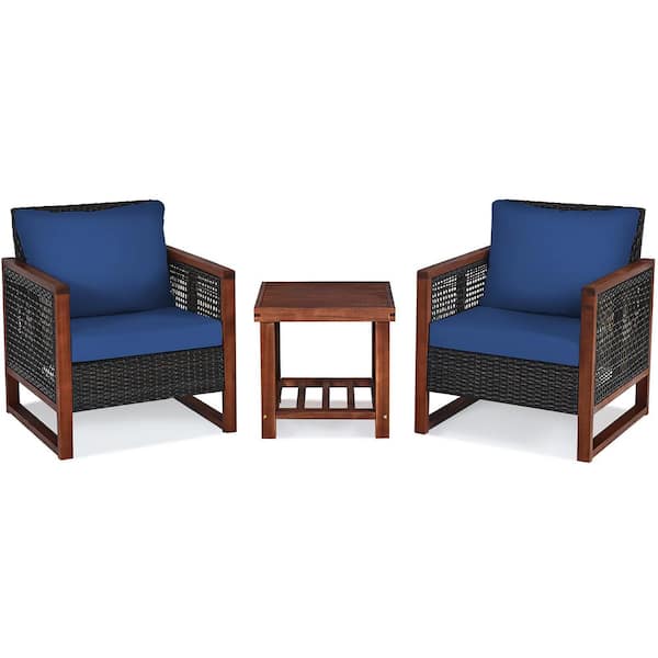 Costway 3-Pieces Wood Patio Conversation Set with Navy Cushions