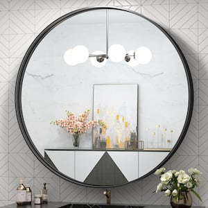 36 in. W x 36 in. H Large Round Metal Framed Modern Wall Mounted Bathroom Vanity Mirror in Matte Black