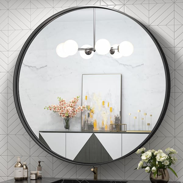 TETOTE 36 in. W x 36 in. H Large Round Metal Framed Modern Wall Mounted Bathroom Vanity Mirror in Matte Black