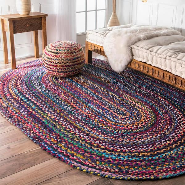 Tammara Colorful Braided Purple Multi Doormat 3 ft. x 5 ft. Oval Rug