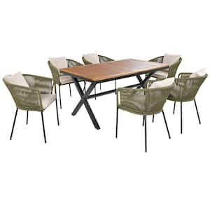 7-Piece Wood Outdoor Dining Set with Beige Cushions