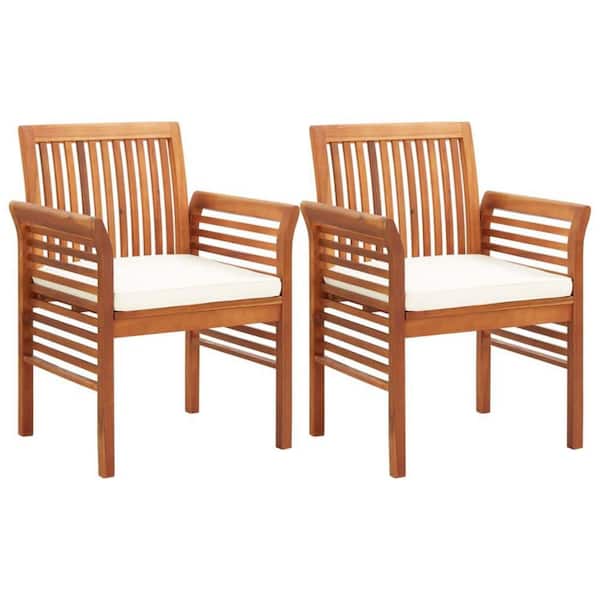 Kim Brown Acacia Wood Outdoor Dining Chair with Cream Cushions (Set of 2)