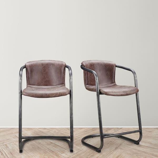 Galen 25 in. Brown Industrial Top-Grain Leather Counter Stool with Iron Frame (Set of 2)
