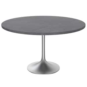 Verve Modern 48 Round Dining Table with Sintered Stone Tabletop in Chrome Stainless Steel Pedestal Base, Grey