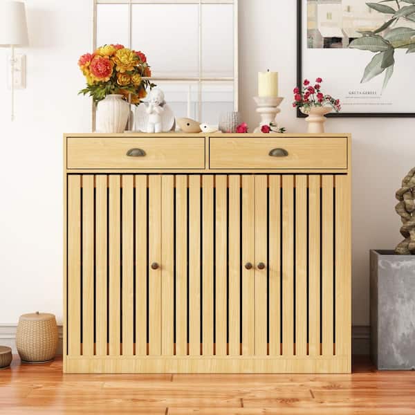 39.4 in. H x 47.2 in. W Burly Wood Grain Wooden Shoe Storage Cabinet, Console Table 6-Shelves, 3-Doors and 2-Drawers