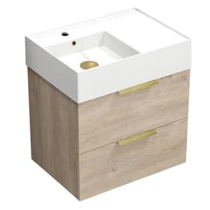 Derin 23.6 in. W x 17.32 in. D x 25.2 H Single Sink Wall Mounted Bathroom Vanity in Brown oak with White Ceramic Top