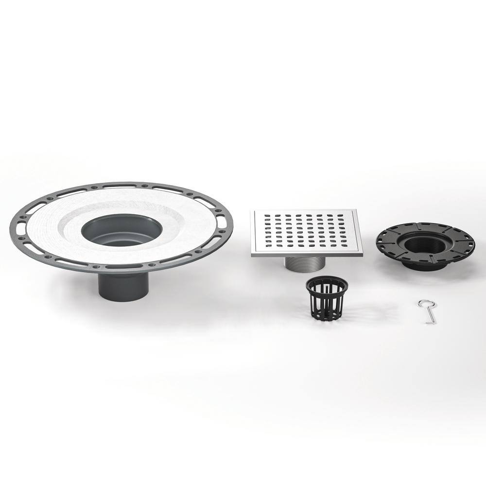 6" Square Brushed Stainless Steel Shower Drain with PVC Flange