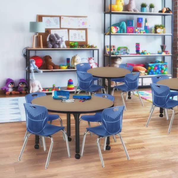 Kee 42 in. Round Noble Oak Mobile Adjustable Classroom Table Desk with Black Base and 4 Andy 12 in. Blue Stack Chairs