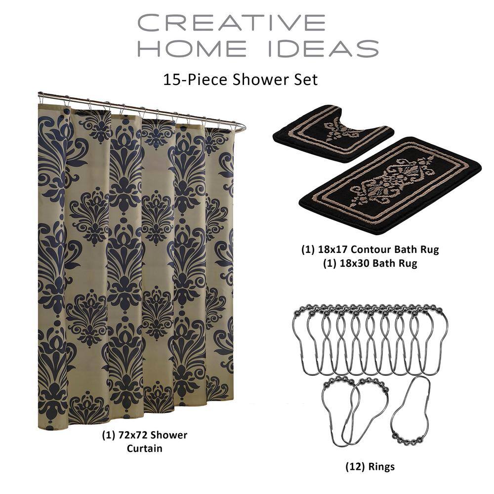 Reverly Black and Linen Geometric Damask 15-Piece Bathroom Shower Set