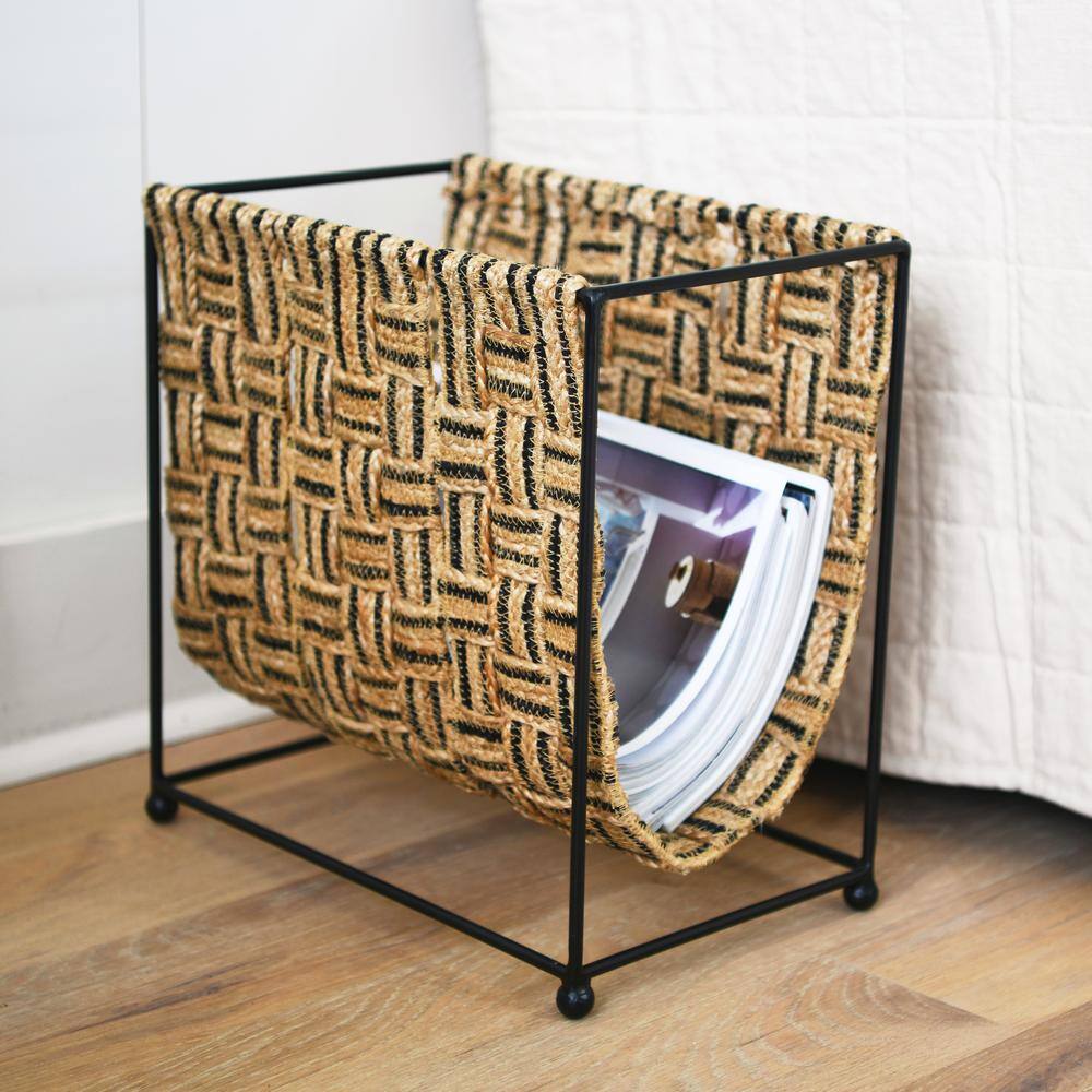 Natural Jute and Black Metal Freestanding Magazine Holder