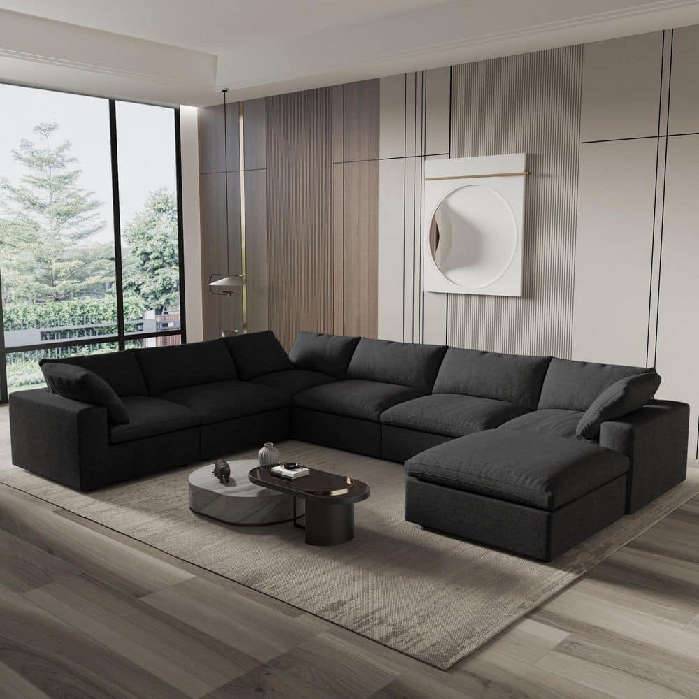 8-Piece Black Feather Sectional Sofa 157.3 in. Linen Polyester Modular Free Combination Living Room Set with Storage
