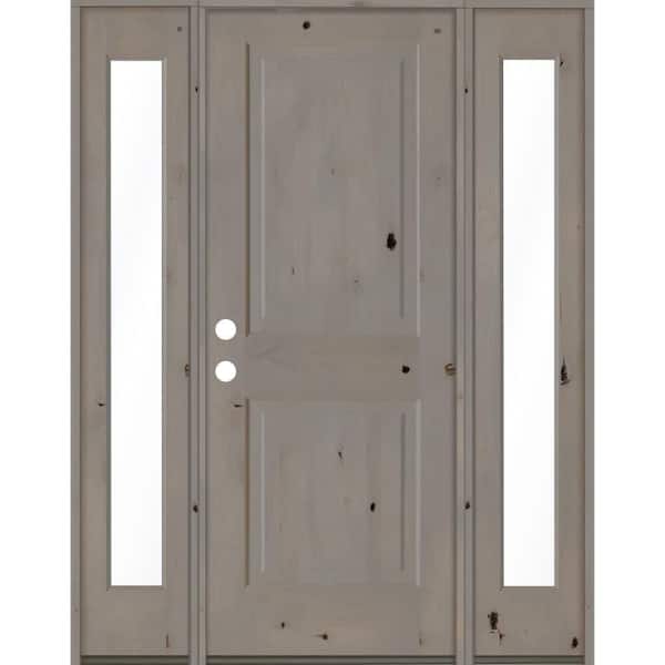 Krosswood Doors 58 in. x 80 in. Rustic Knotty Alder Right-Hand/Inswing Clear Glass Grey Stain Square Top Wood Prehung Front Door
