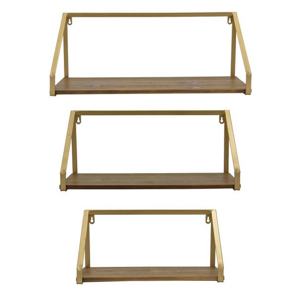 THREE HANDS Metal/Wood Wall Storage Set of 3 in Gold Metal 24 in. L x 10 in. W x 10 in. H