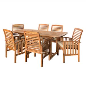 7-Piece Light Brown Acacia Wood Outdoor Dining Set with Cushions