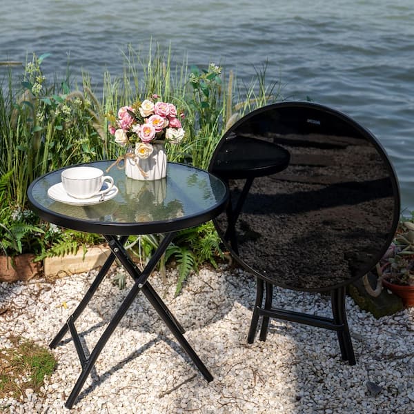 Black Round Metal Outdoor Side Table with Clear Glass Tabletop