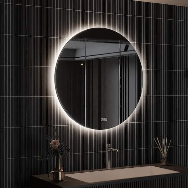 HOMEIBRO 28 in. W x 28 in. H Round Frameless LED Light with 3-Color and Anti-Fog Wall Mounted Bathroom Vanity Mirror