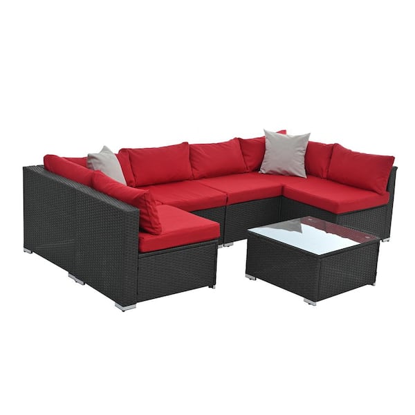 Sudzendf 7-Piece Patio Furniture Sets Outdoor Furniture, Seasonal PE Wicker Furniture with Red Cushions