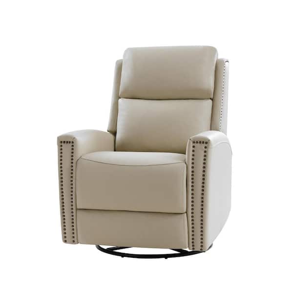 Regina 30.31 in. Wide Beige Genuine Leather Swivel Rocker Recliner with Nailhead Trims
