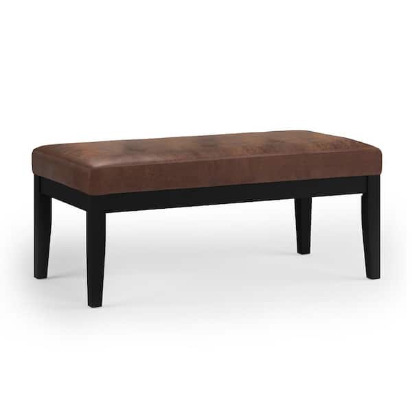 Simpli Home Lacey 41 in. Wide Contemporary Rectangle Tufted Ottoman Bench in Distressed Chestnut Brown Vegan Faux Leather
