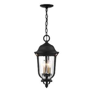 Peale Street 3-Light Sand Coal and Vermeil Gold Outdoor Lantern Pendant with Clear Ribbed Glass
