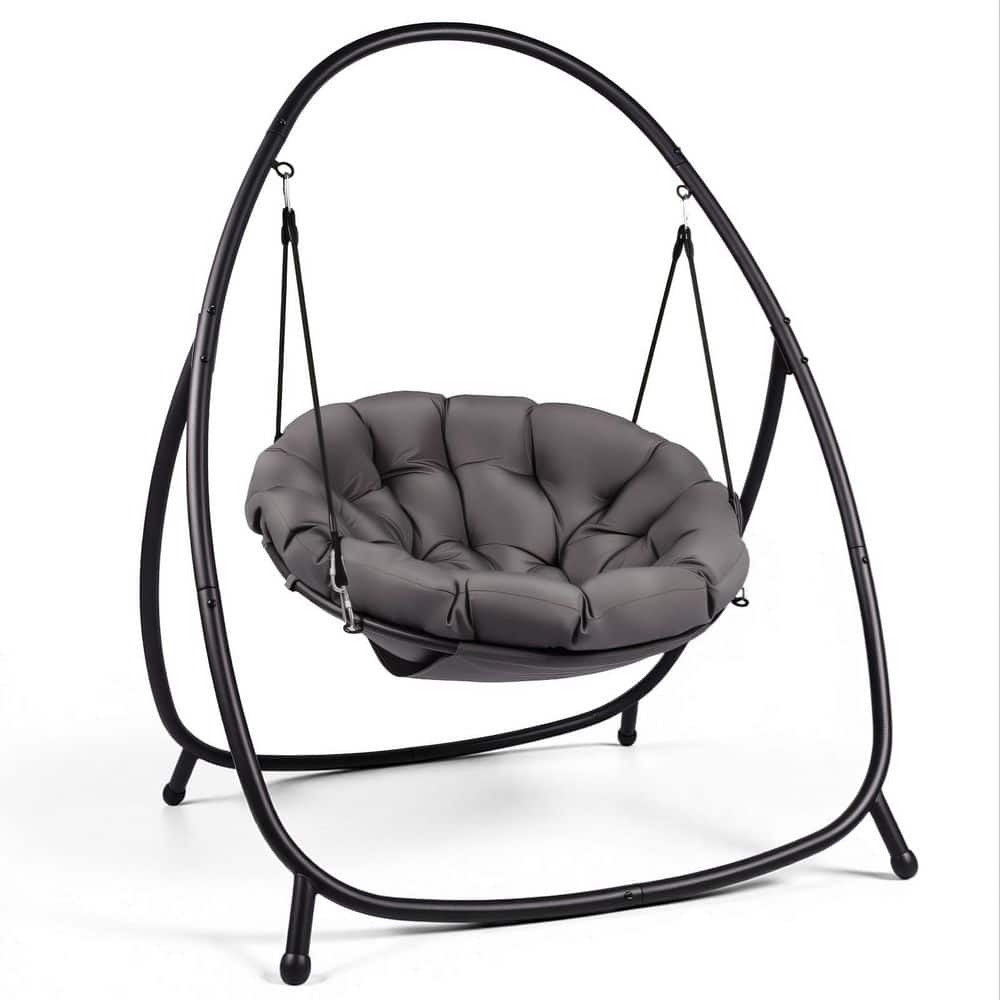 1-Person Metal Freestanding Patio Swing with Gray Cushion, Round Hanging Chair with Stand price history on PriceWatchPro