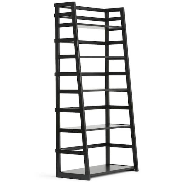 Simpli Home Acadian Solid Wood 63 in. x 30 in. Transitional Ladder Shelf Bookcase in Black