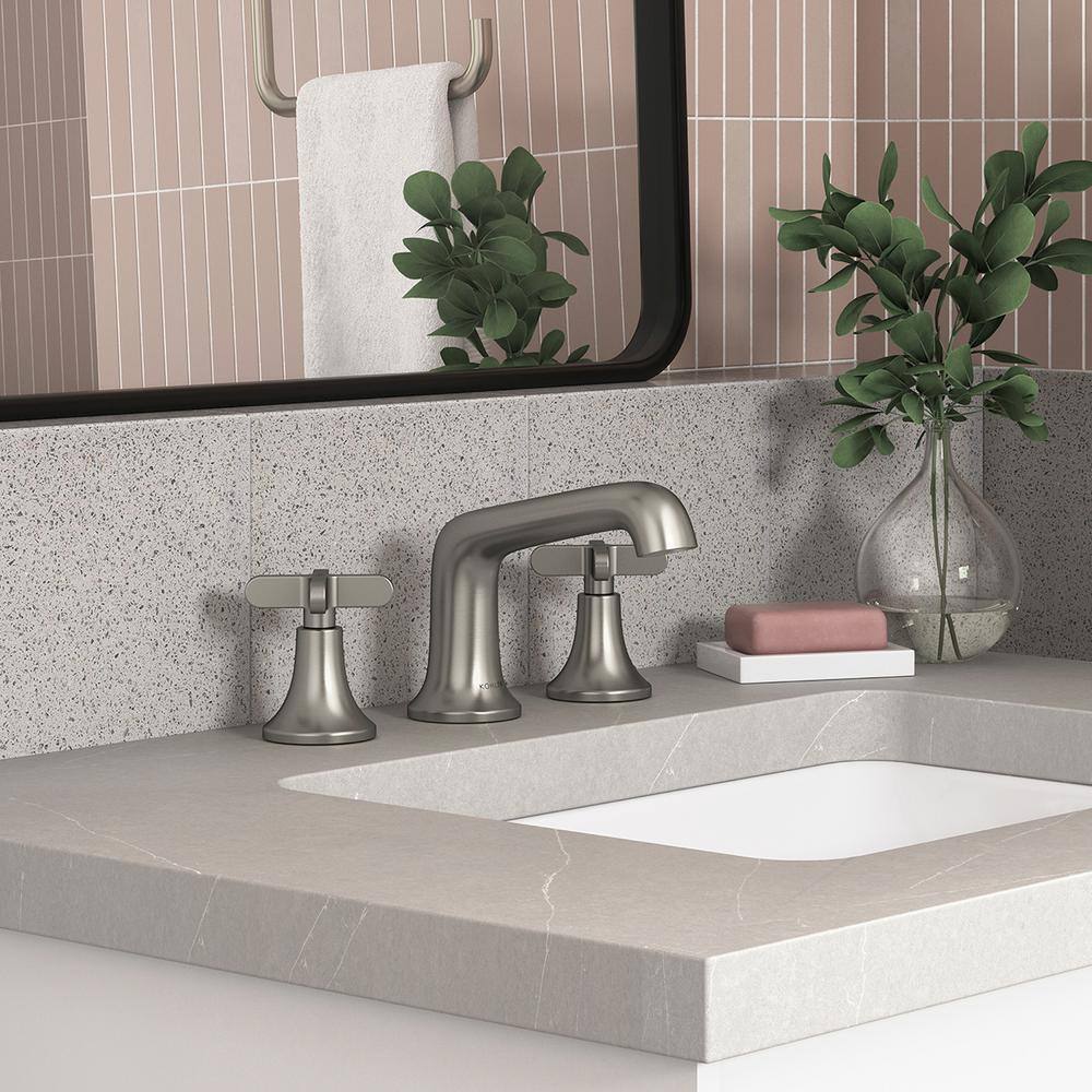 Vibrant Brushed Nickel Double Handle Widespread Bathroom Faucet