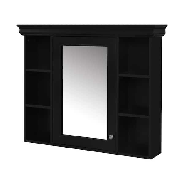 WELLFOR 36 in. W x 29 in. H Wall Mounted Rectangular MDF Medicine Cabinet with Mirror in Black, Adjustable Shelves