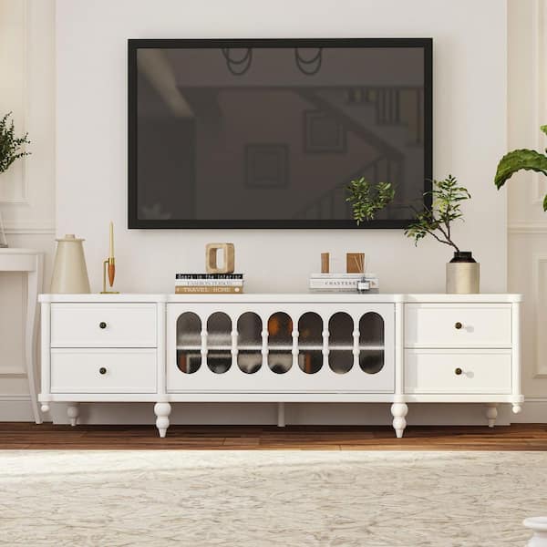 White TV Stand Fits TVs up to 70 in. with Decorative Glass Doors, 6 Drawers, Media Console, Entryway Sideboard